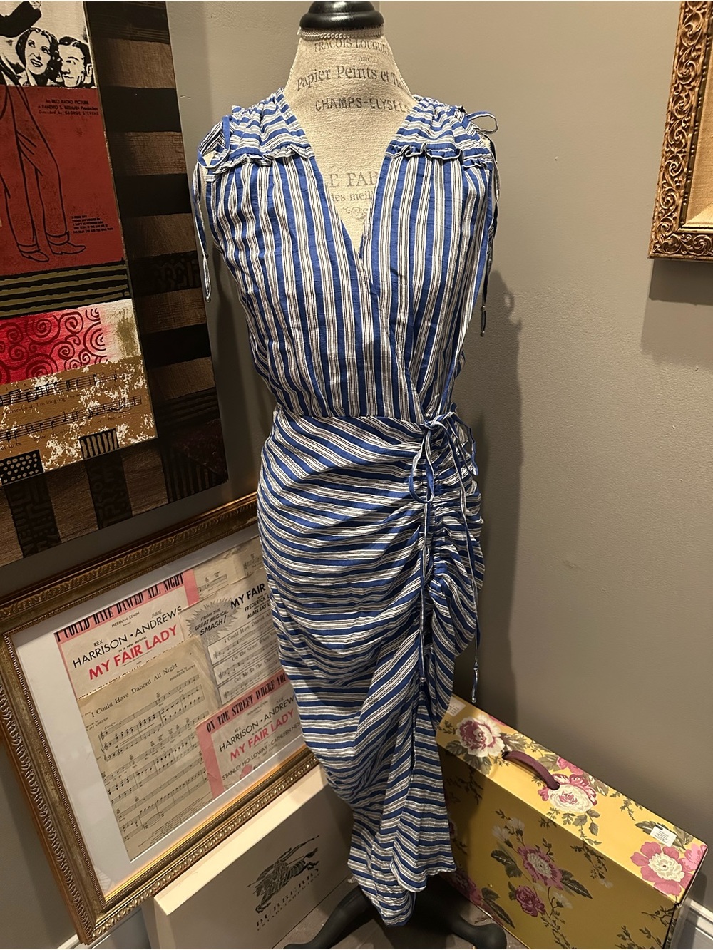 Veronica Beard Blue and White Striped Wrap/Ruched Midi Dress